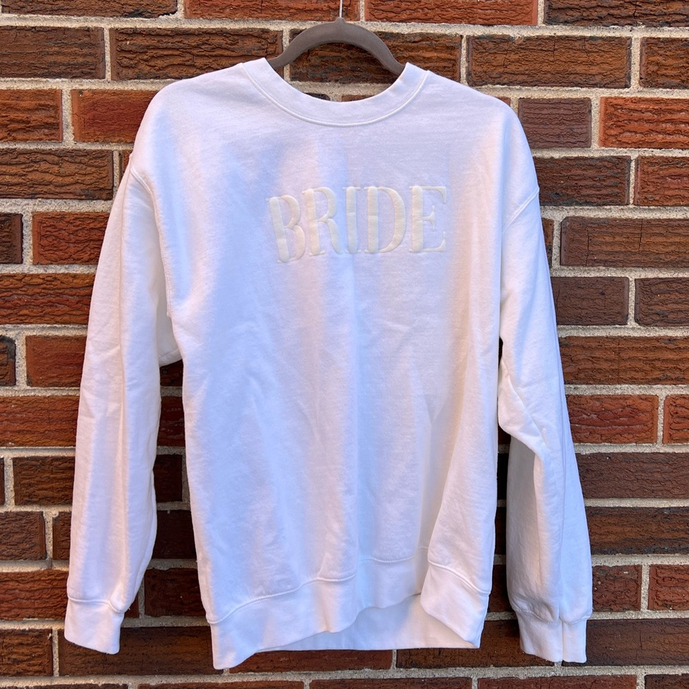 Gildan White Crewneck Sweatshirt with 'BRIDE' Embroidery